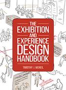 book cover. Center is red title of book in white letters (The Exhibition and Experience Design Handbook). Around the red block the cover is white with drawings of simplified figures shown in a variety of museum settings.