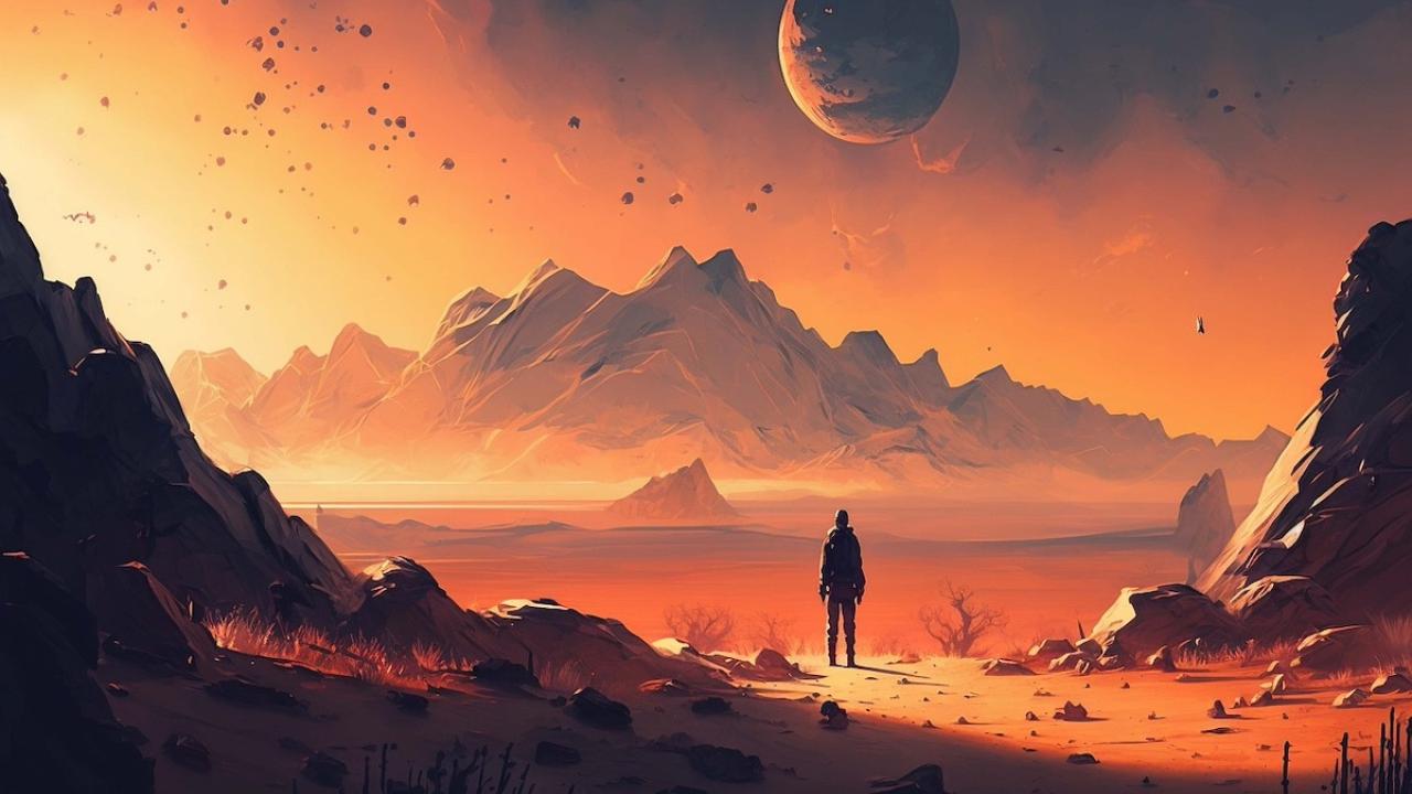 A lone figure stands in a red-tinted, alien landscape with mountains and a moon in the background. 