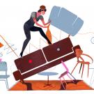 Illustration of woman balancing on a tilting tower of furniture while cleaning house. 